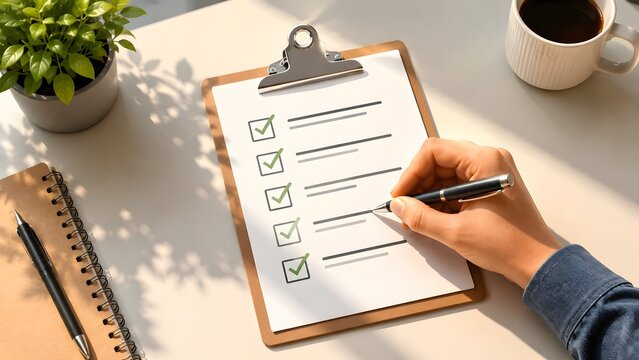 Person checking off tasks on a clipboard checklist representing daily schedule management and business productivity
