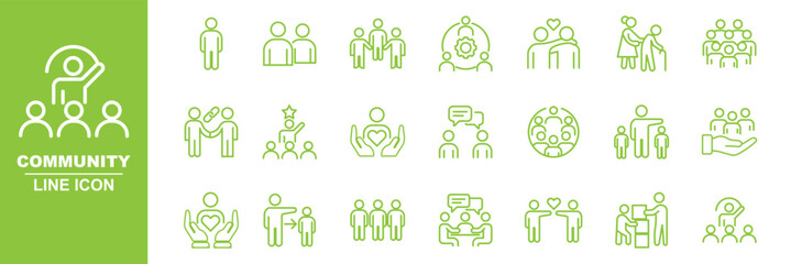 Modern Community line icon set. Neighborhood, friendship, family, love, teamwork, team building, leadership, unity, coworker outline icons. Love family care community outline icons. heart icons