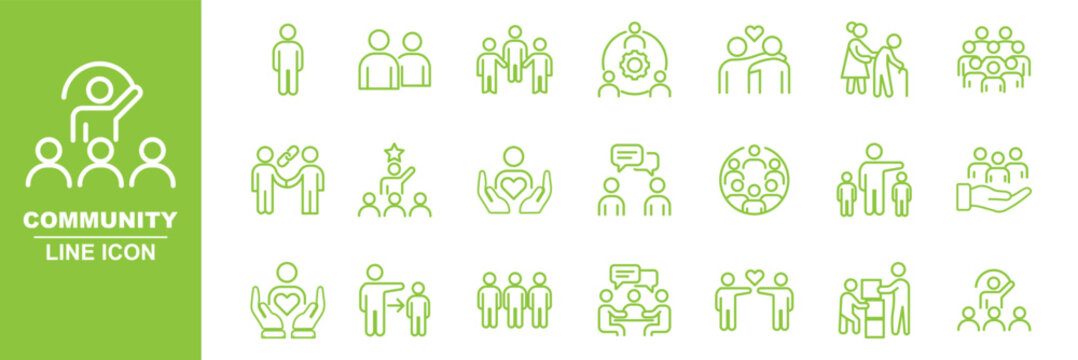 Modern Community line icon set. Neighborhood, friendship, family, love, teamwork, team building, leadership, unity, coworker outline icons. Love family care community outline icons. heart icons