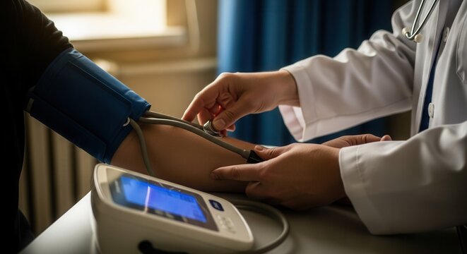 Medical Professional Examining Patient's Arm Using Sphygmomanometer and Stethoscope