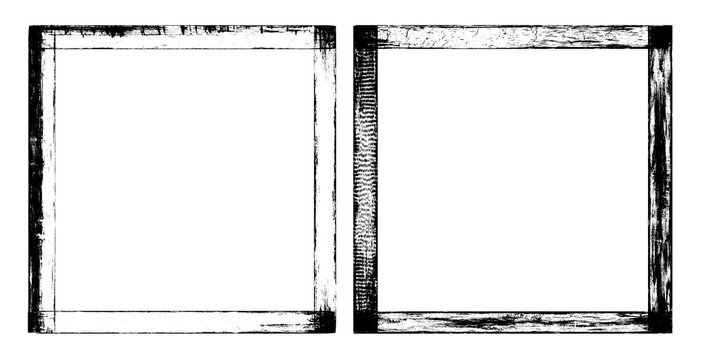 Two rough hand-painted square borders, isolated white background, grunge texture