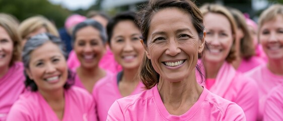 Obraz premium A diverse group of women in matching pink shirts display vibrant smiles at a community event, highlighting camaraderie, empowerment, and the joy of togetherness for a good cause.