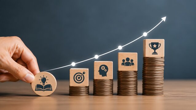 Hand placing knowledge icon near coin stacks with business strategy symbols and upward growth graph representing investment success