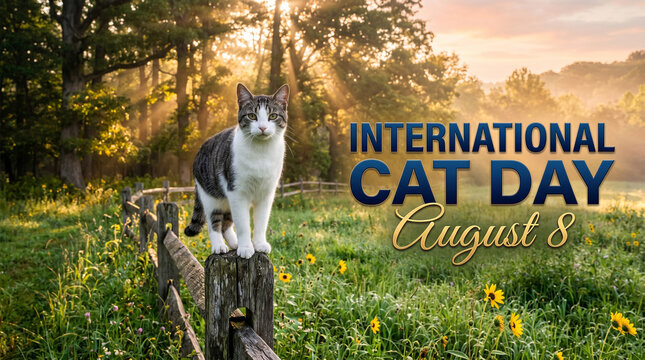A cat sitting on a fence post in a field with yellow flowers and trees in the background on international cat day