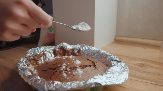 Closeup chocolate tart being dusted with powdered sugar by steady hand over foillined pan on wooden countertop, warm kitchen light, home baker finishing dessert, spoon motion creating delicate