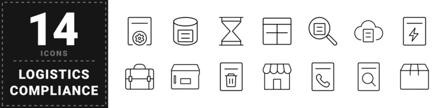Freight document review line icon set. Vector pictograms of logistics compliance, cargo manifest, shipping invoice, and transport audit elements, thin linear illustration.