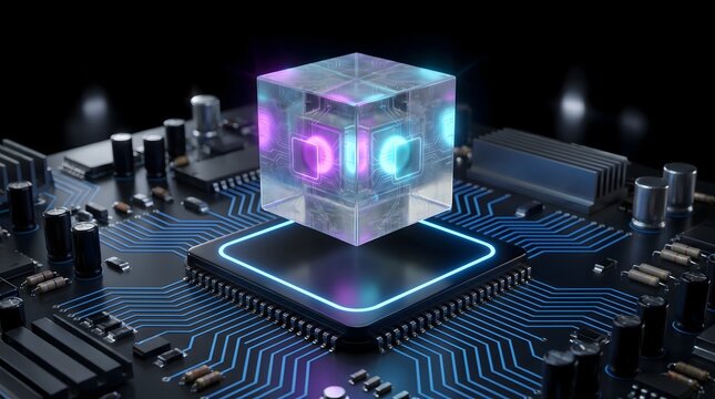 Futuristic glowing transparent cube hovering over motherboard circuit representing quantum computing artificial intelligence and digital data processing