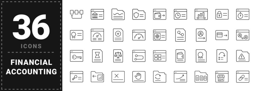 Refund liability tracking line icon set. Vector pictograms of financial accounting, transaction reversal, dispute management, and revenue risk elements, thin linear illustration.