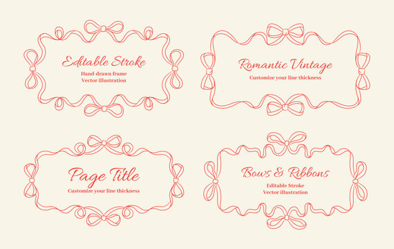 Vector hand drawn bow frame set with ribbon border decorative vintage outline vector illustration. Frame with editable outline, Adjust the line thickness as needed, Vintage frame of ribbons and bows