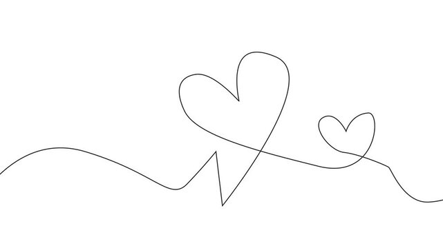 Elegant black and white continuous line heart drawing, with clean minimalist design aesthetic, abstract motion graphic of outline love heartbeat pulse illustration presentation template. 4k video