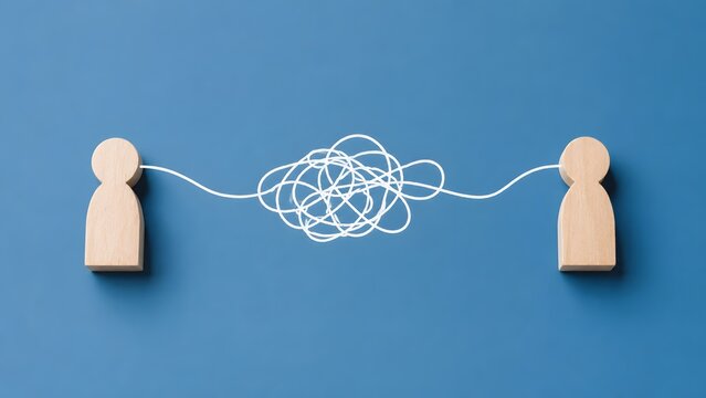Two wooden figures connected by tangled line representing communication breakdown conflict resolution and complex problem solving