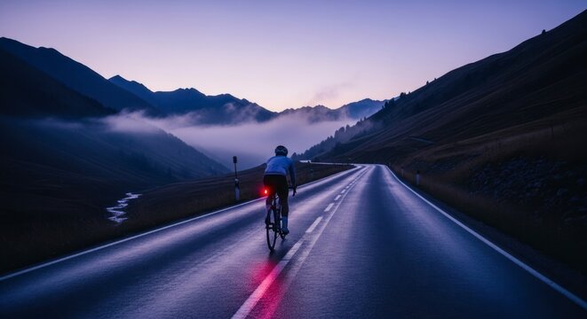 Ciclista pedala em estrada de montanha ao entardecer sob uma luz dram&aacute;tica.