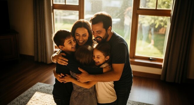Fam&iacute;lia abra&ccedil;ada dentro de casa, com a luz natural do sol entrando por uma grande janela.