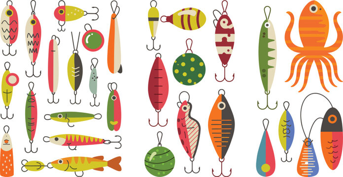 Colorful fishing lures and bait collection