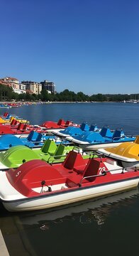 Colorful Pedal Boats Docked by Scenic Lake and Urban Skyline.