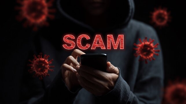 A person in a dark hoodie uses a smartphone with floating scam text and virus symbols around them, conveying a sense of digital deception.