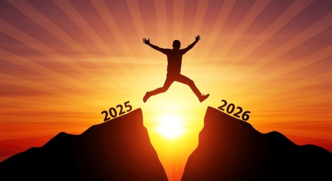 A silhueta que salta de 2025 para 2026 ao p&ocirc;r do sol simboliza o progresso.