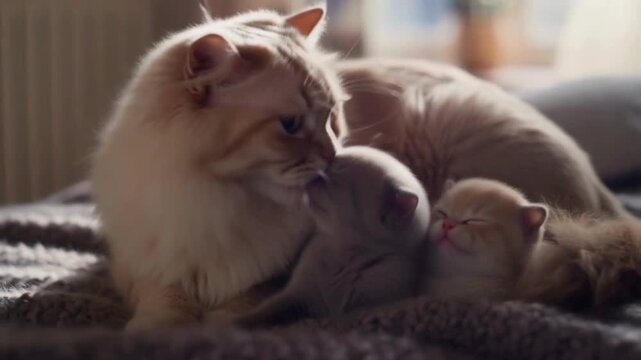 A mother cat with light brown fur lies on a textured gray blanket, looking affectionately at her two kittens curled up by her side.