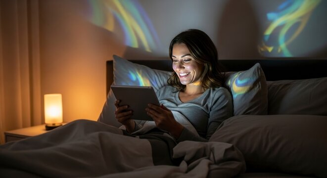 Mulher lendo em um tablet na cama &agrave; noite, com ilumina&ccedil;&atilde;o aconchegante.