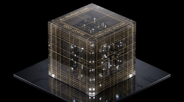 Transparent cube housing a complex grid of metallic internal components rests upon a smooth black surface, showcasing a design that implies advanced structural engineering and modern innovation.