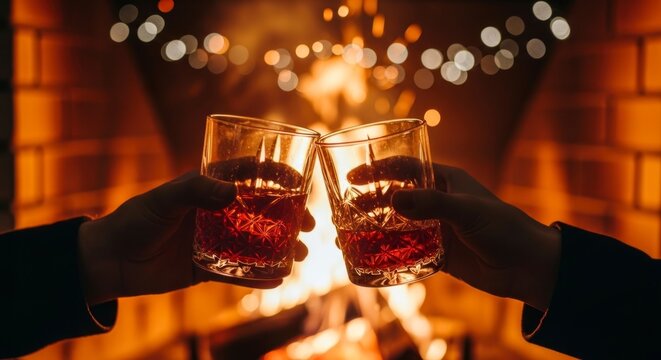 Um brinde com bebidas em meio a uma lareira com fundo bokeh, celebrando o aconchego.