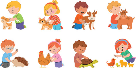 Naklejka premium Children playing with various farm animals