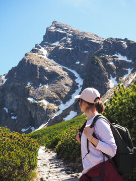 Female Hiker on Mountain Trail Below Koscielec Peak in the Polish Tatra Mountains