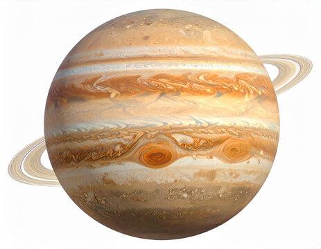 Jupiter dengan Cincinnya Terisolasi di Latar Belakang Putih