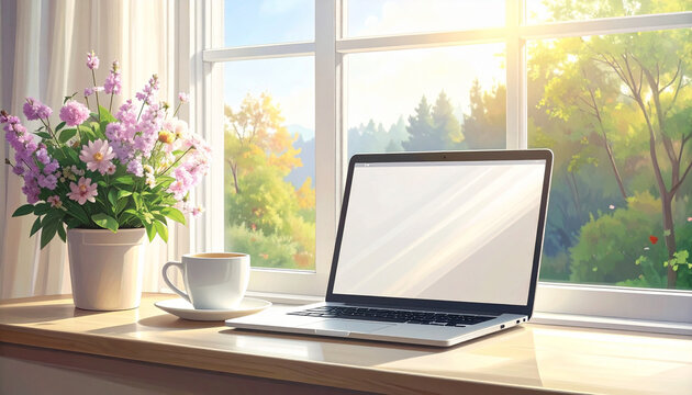 Laptop di dekat jendela dengan bunga dan kopi