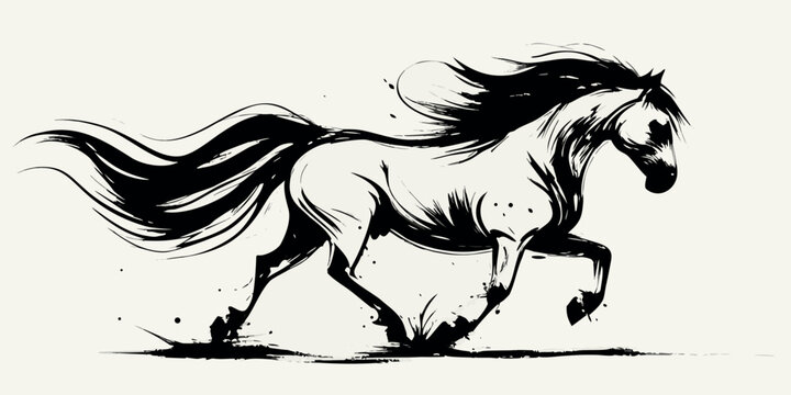 galloping horse artistic ink wash illustration black white animal equestrian motion dynamic