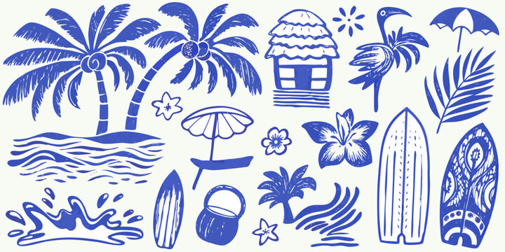 tropical beach elements vector illustration on white background palm tree surfboard umbrella