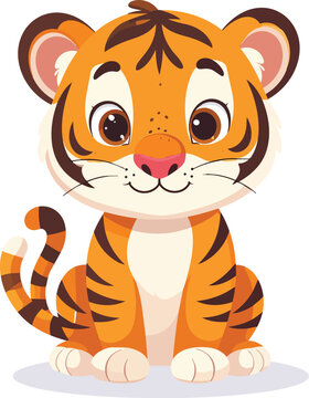 Cute cartoon tiger cub sitting and smiling