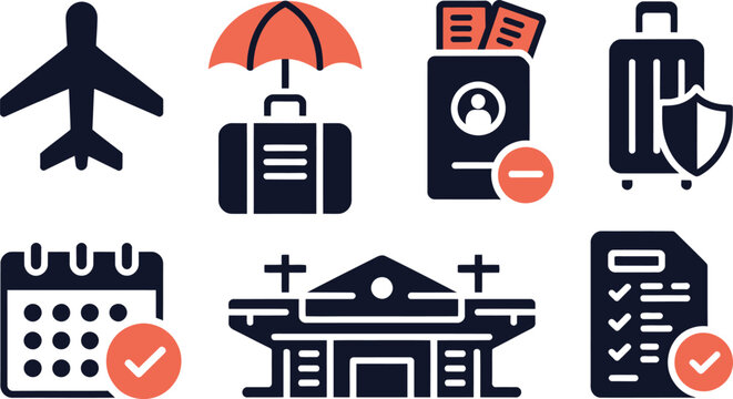 Travel insurance and booking confirmation icon set vector with insurance airplane passport suitcase vector