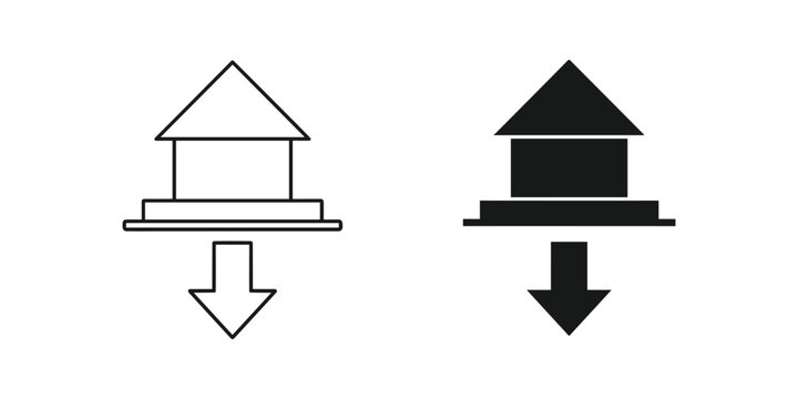 House icon with downward arrow indicating decline in value during economic downturn with clean background