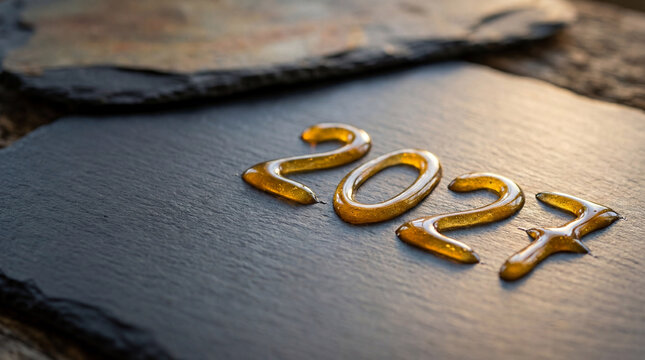 Amber honey shaped as 2027 on black slate with warm highlight for sweet food natural ingredient dessert recipe organic product concept for bakery package sweet recipe banner layout