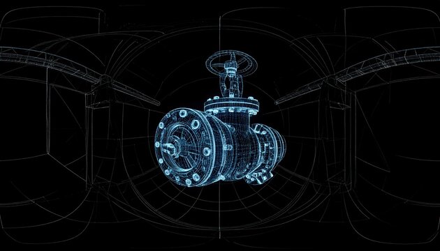 3D Wireframe Model of Industrial Ball Valve, Digital Blueprint, Engineering Design