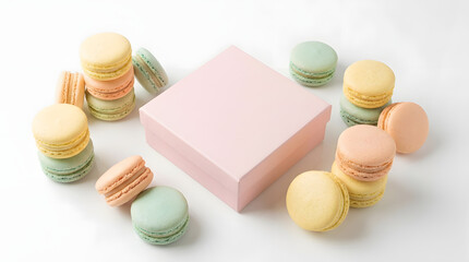 Obraz premium Product mockup of colorful macarons and pink box on white background for bakery branding