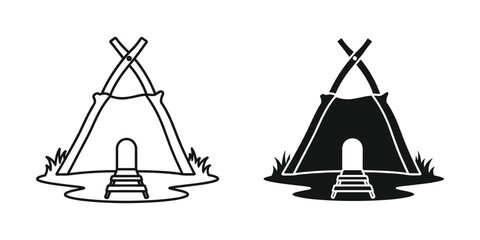 Indigenous Dwelling Outline and Silhouette with Grassy Ground and Steps Isolated on White Background © ModernStock