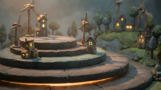 Product mockup of miniature clay village with windmills and houses