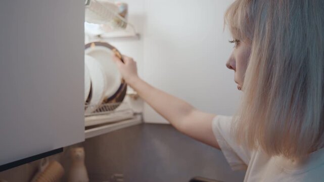She methodically places dishes inside cabinet. Woman carefully arranges her dinnerware in storage. She carefully arranges and tidies up her dishes within kitchen cabinet for proper storage