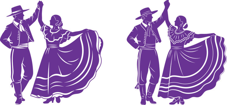 Vibrant purple silhouettes of traditional latin american dance couples vector illustration