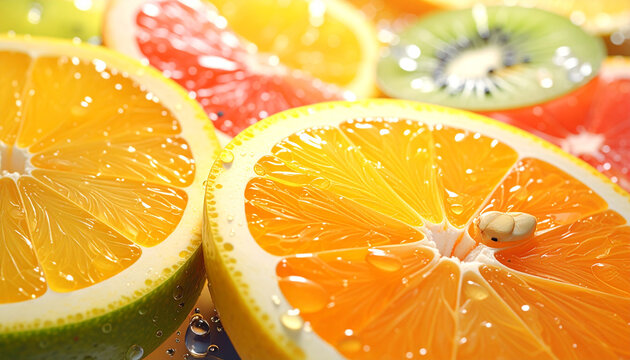 Fresh orange slices with juicy grapefruit and kiwi