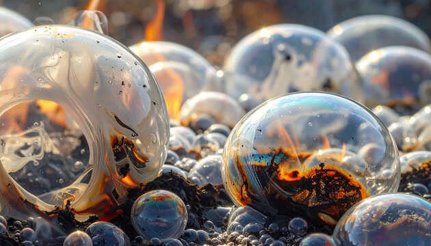 Molten bubbles on dark surface in close-up