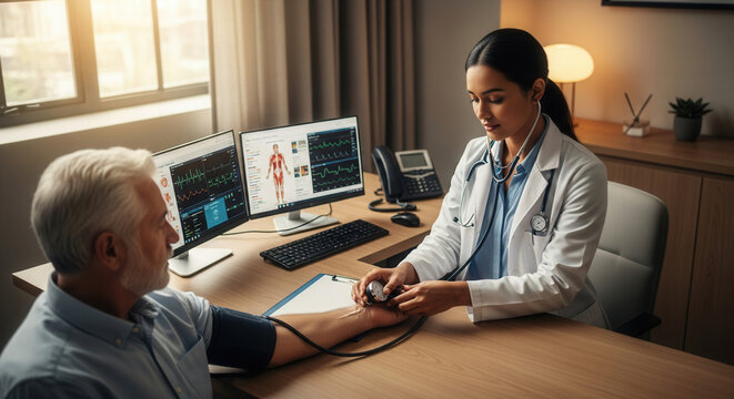 Medical Professional Measuring Blood Pressure Of Patient In A Modern Clinic Setting