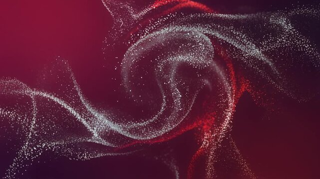 Silver particles spiraling over a deep red background in abstract motion, dynamic energy, luxury design, modern visual effect.