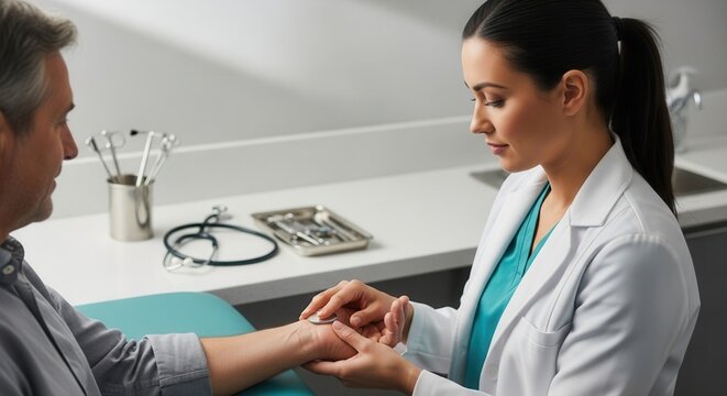 Medical Professional Performing Examination on Patient's Wrist in Office Setting
