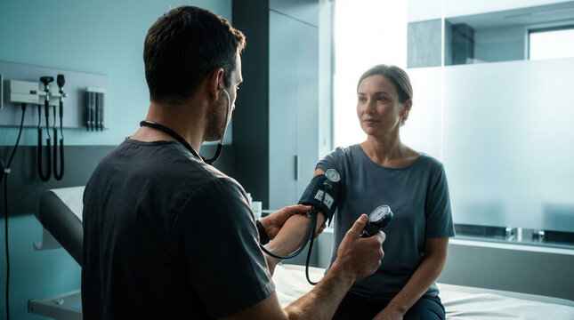 Medical Professional Checking Blood Pressure of Patient in a Calm Medical Clinic Setting