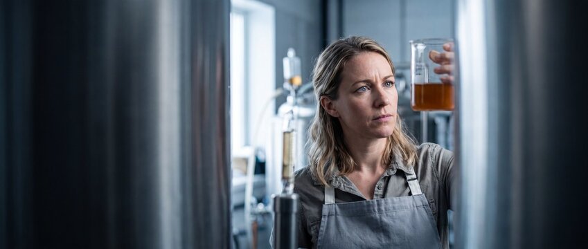 Female brewer inspecting craft beer sample in a beverage manufacturing brewery, professional woman scientist examining liquor quality in beaker inside industrial modern fermentation facility.