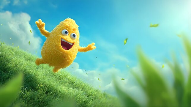 Happy yellow cartoon character running on green grass hill with blue sky and clouds