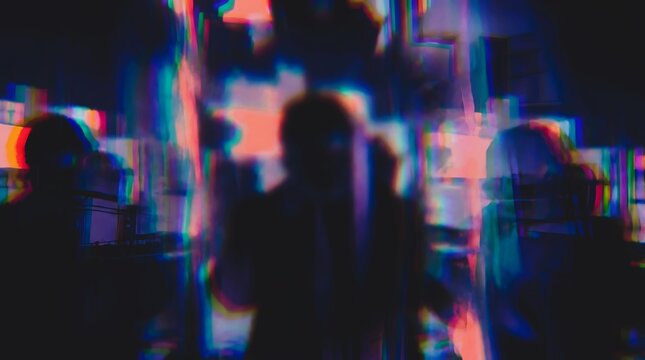 Abstract digital glitch art background with distorted silhouettes of people in a dark, colorful, and noisy environment